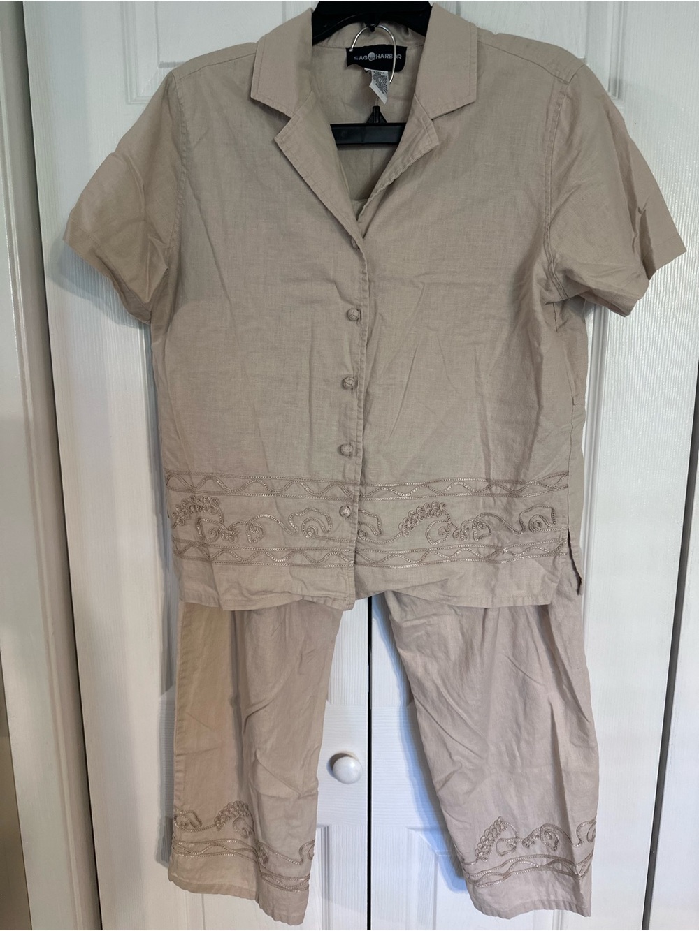 Sag Harbor Vintage Linen Embroidered Button-Front Two-Piece Set - Beige